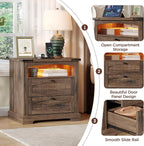 Vabches Nightstand with Charging Station and LED Lights, Vintage End Table with 2 Drawers, Wood Rustic Sofa Side Table with Open Storage Shelf for Bedroom, Living Room, Dark Brown