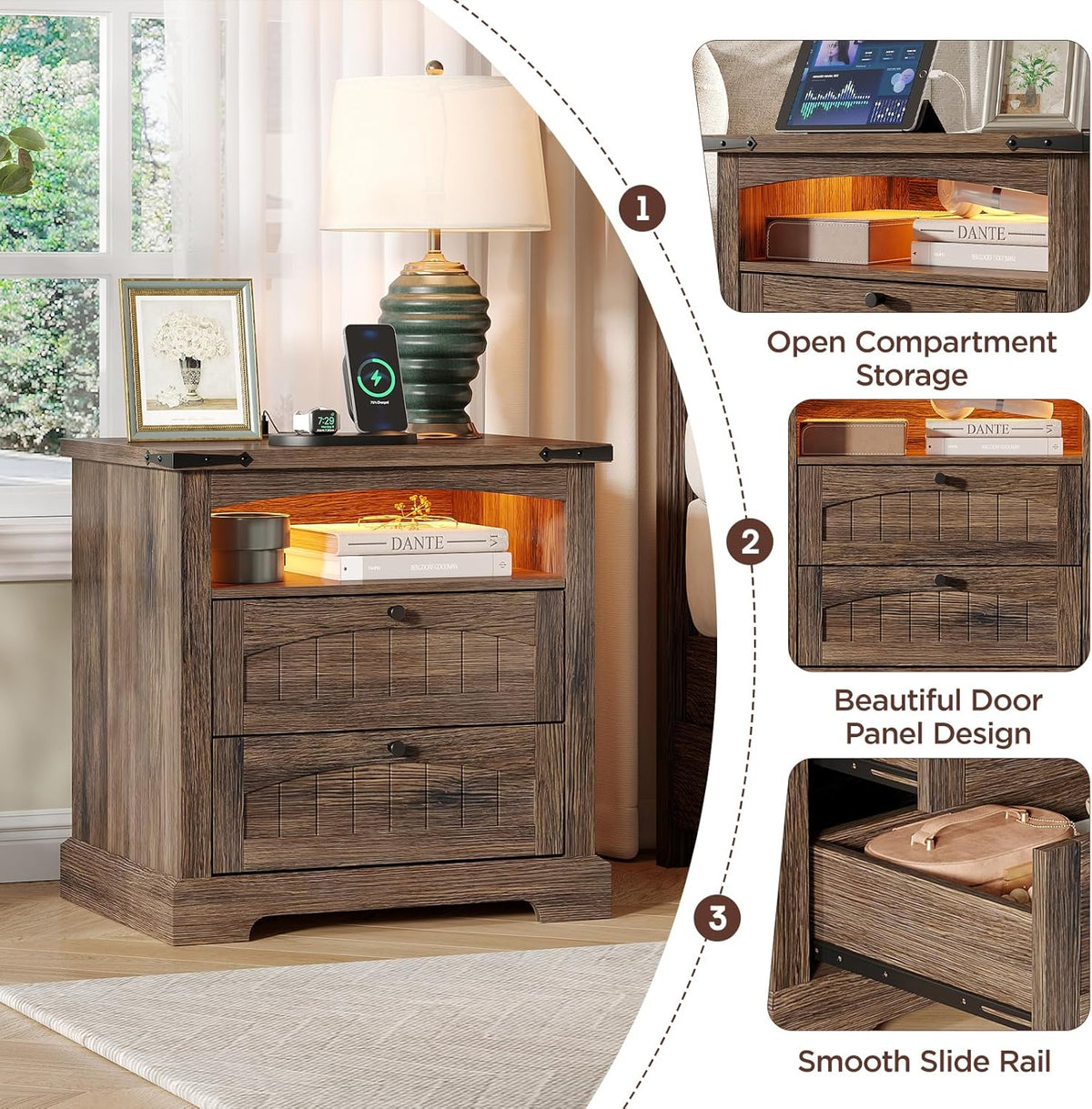 Vabches Nightstand with Charging Station and LED Lights, Vintage End Table with 2 Drawers, Wood Rustic Sofa Side Table with Open Storage Shelf for Bedroom, Living Room, Dark Brown