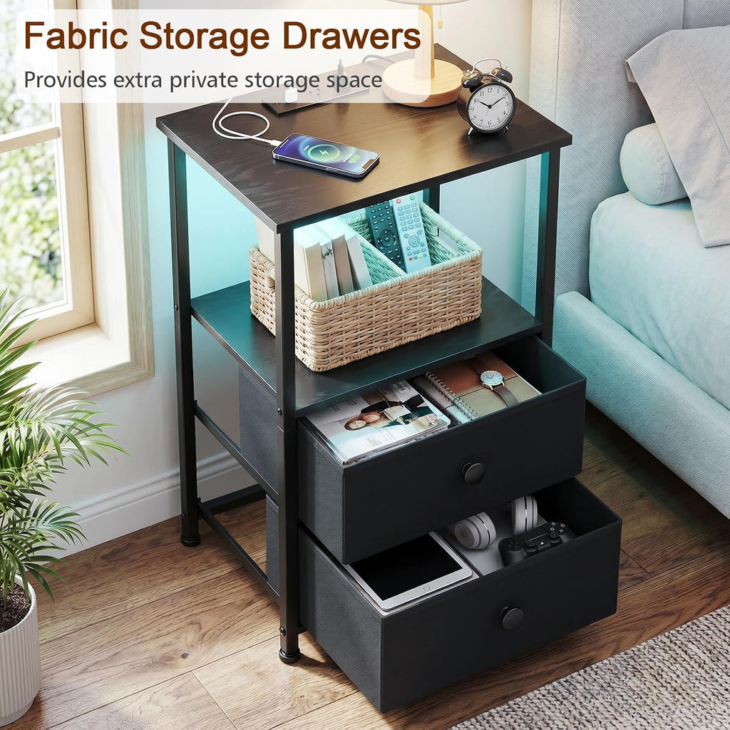 LOAKEKEL Nightstands Set of 2, LED Night Stand with Charging Station | Bedside Table with Type-C Outlets & 2 Fabric Drawers, End Tables with Storage Shelf for Bedroom, Small Spaces, Black