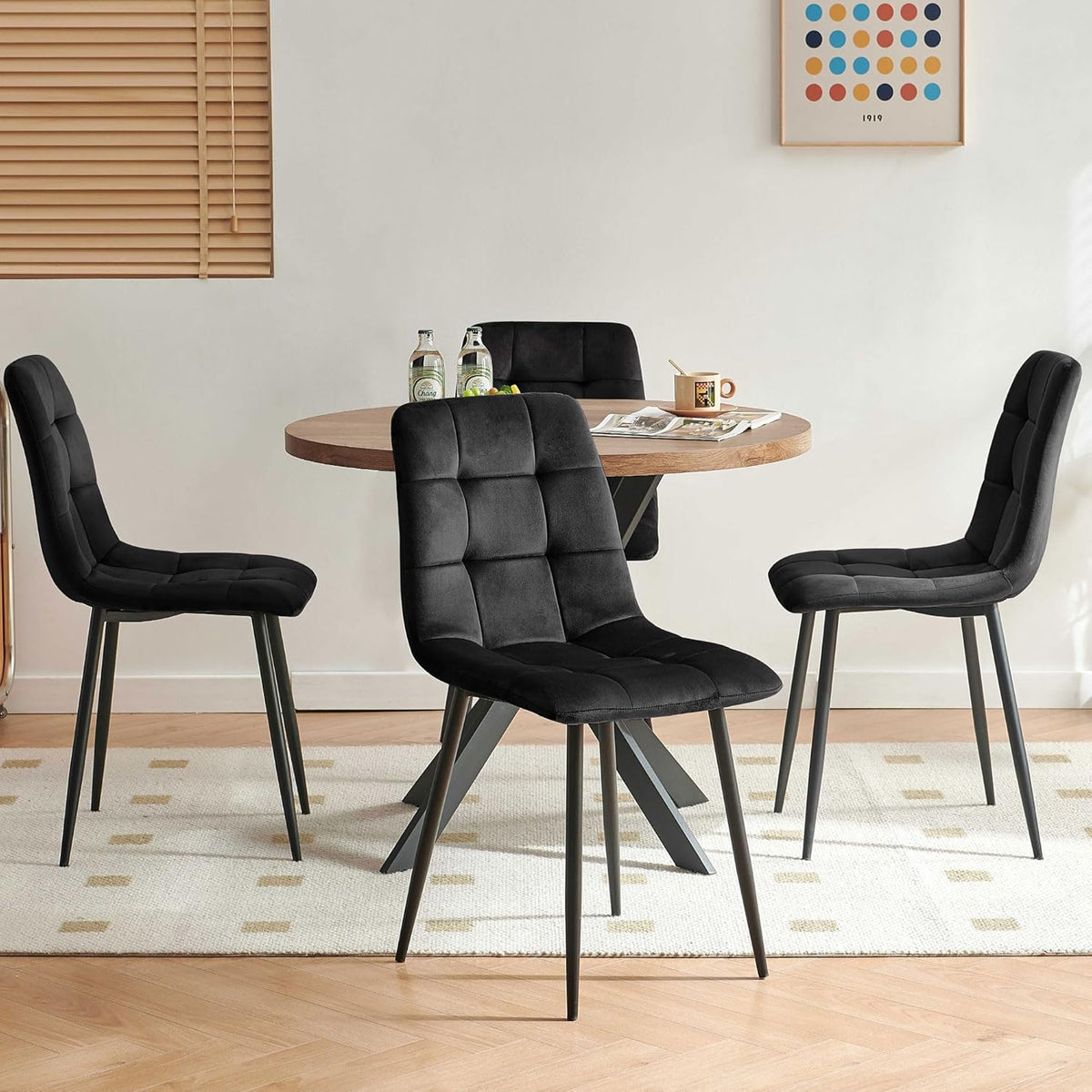 Homedot 37-Inch Round Kitchen Dining Room Table Set for 4, Modern Mid-Century Brown Dining Table with Black Velvet Chairs Set, Small Dining Set for Restaurant/Dining Hall