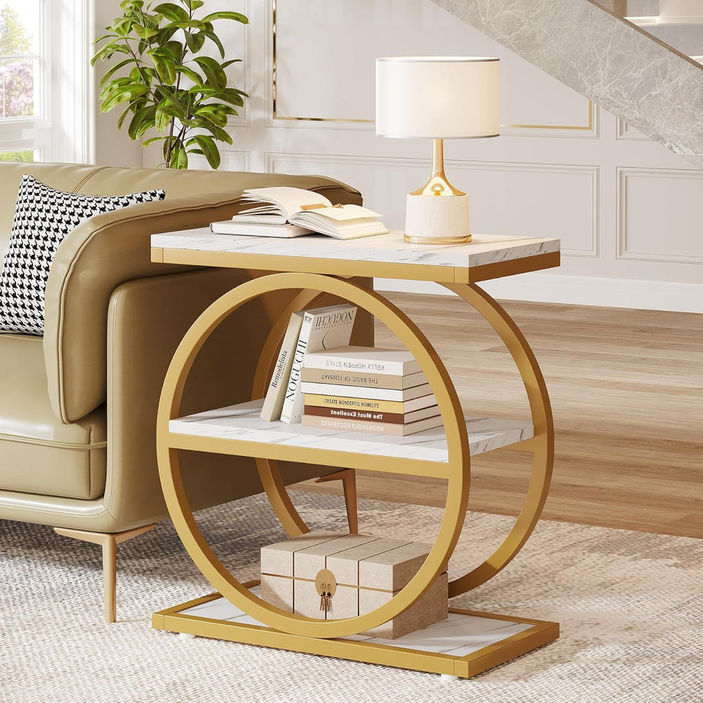 Tribesigns End Table with Storage Shelves, 3-Tier Wooden Industrial Sofa Side Table with Black Metal Frames for Living Room, Slim Nightstand and Bedside Table for Bedroom, White & Gold