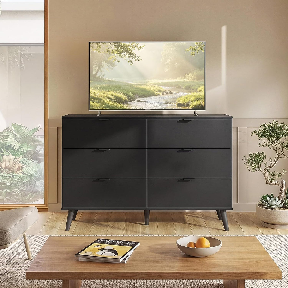 6-Drawer Moden TV Stand | Tall TV Console with Sturdy Metal Handles for Living Room，Black