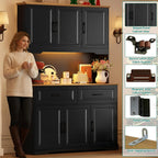 71" Tall 47" Wide Large Pantry Storage Cabinet w/ Power Outlet,LED Light,Farmhouse Kitchen Hutch Food Pantry Cabinet,2 Drawer,8 Doors Shelves,Open Countertop for Kitchens,Dining Room,Black
