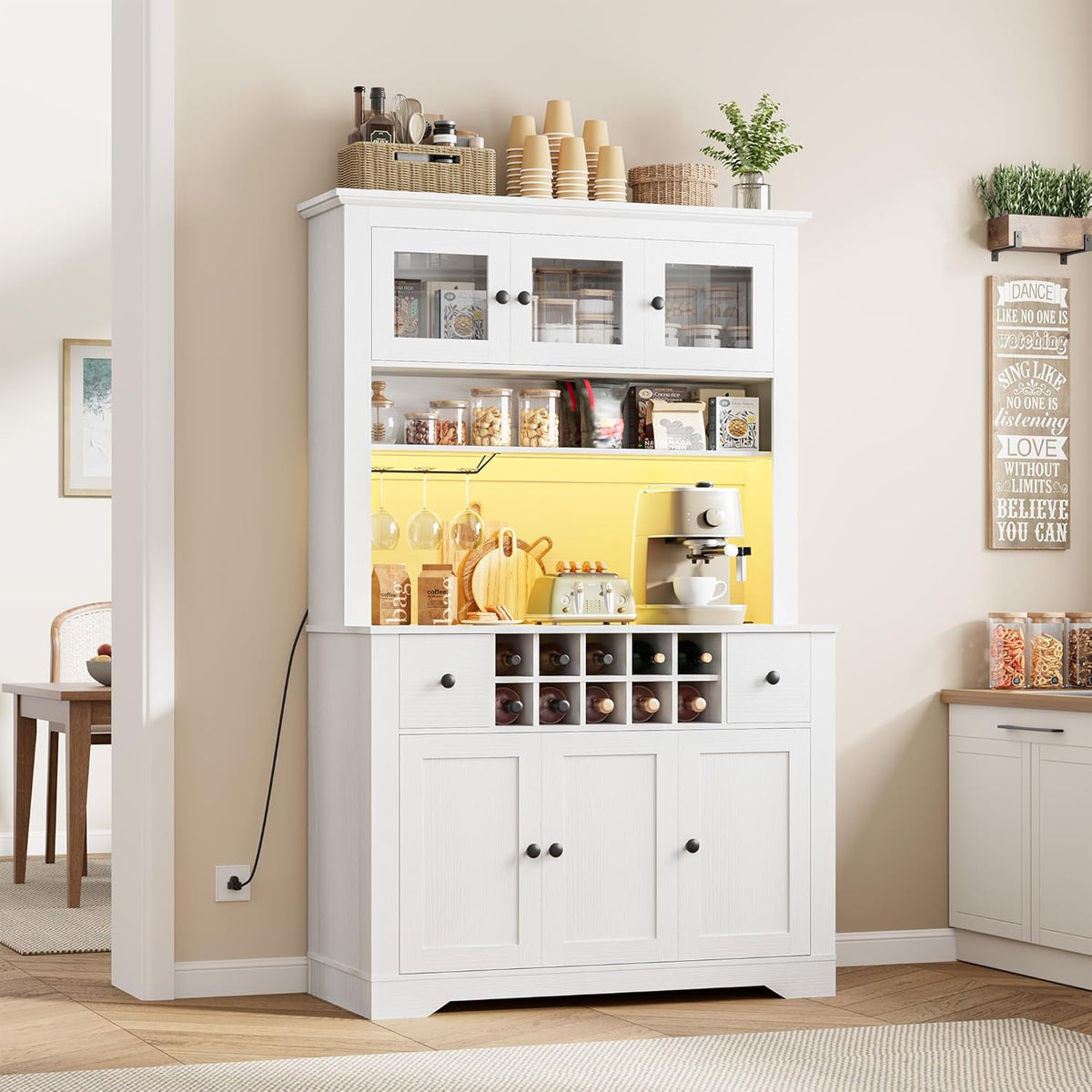 68.7 " Pantry Cabinet with LED Light and Charging Station, Kitchen Pantry Storage Cabinet with Countertop, Large Kitchen Hutch with Wine Rack & Adjustable Shelves for Dining Room, Living Room