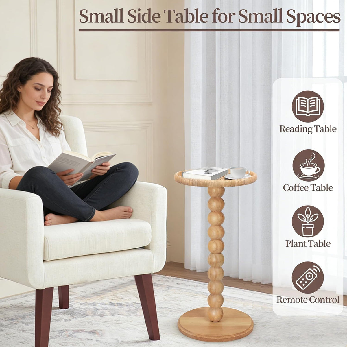 Drink Table, Boho Rattan Small Round Side Table for Small Spaces, Solid Wood Circle End Table for Living Room, Pedestal Table for Couch, Bedroom, Corners, Natural