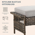 Patio Ottomans 2 Piece Outdoor Wicker Ottomans PE Rattan Footrest with Thickened Cushions Footstools for Garden Sunroom Deck Porch Balcony Poolside, Ottomans(2PCS), Brown|Beige