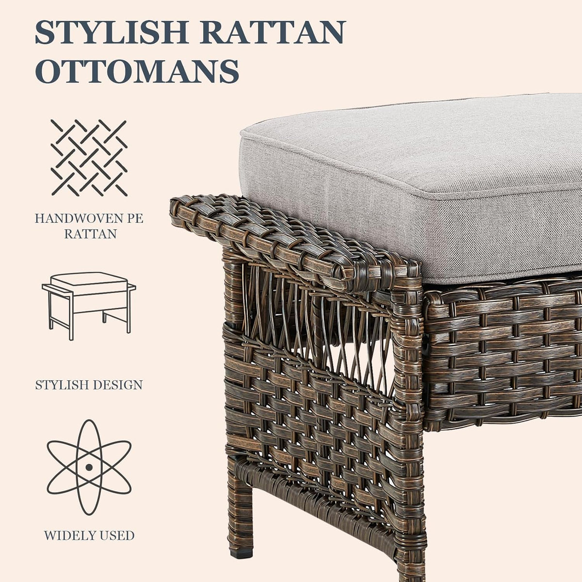 Patio Ottomans 2 Piece Outdoor Wicker Ottomans PE Rattan Footrest with Thickened Cushions Footstools for Garden Sunroom Deck Porch Balcony Poolside, Ottomans(2PCS), Brown|Beige