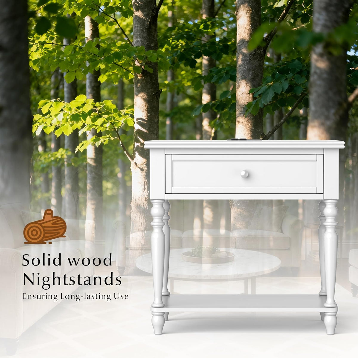 Solid Wood Nightstand with Charging Station, Traditional End Table with Drawers and Open Shelf, Bedside Table with Storage, Modern Side Table for Bedroom Set of 2, White