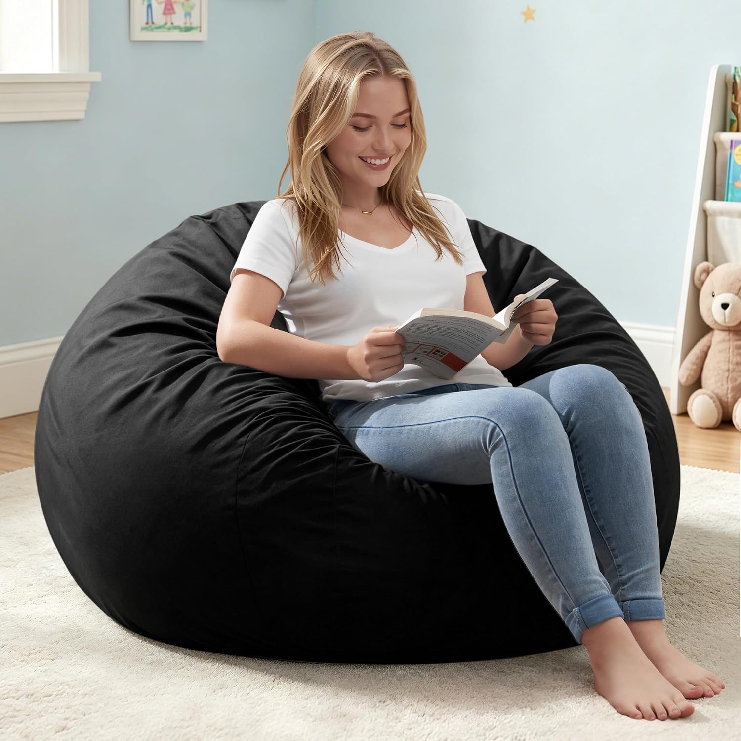 ZurNesfure Bean Bag Chair, Teardrop Large Bean Bag with Filling Black, 3FT | Bean Bag Chairs for Living Room, Washable Comfy Chair with Handle, Fluffy Bean Bag for Reading Gaming Relaxing