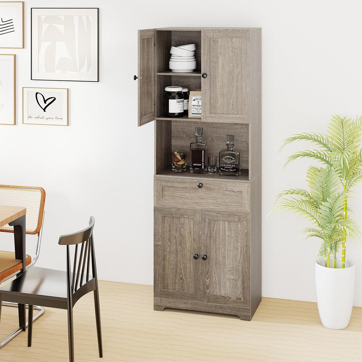 GOFLAME 67.5" Tall Pantry Cabinet, Freestanding Kitchen Pantry Cupboard with 4 Doors, 1 Drawer, & Open Compartment, Floor Storage Cabinet with Adjustable Shelf for Bathroom, Living Room (Gray Oak)