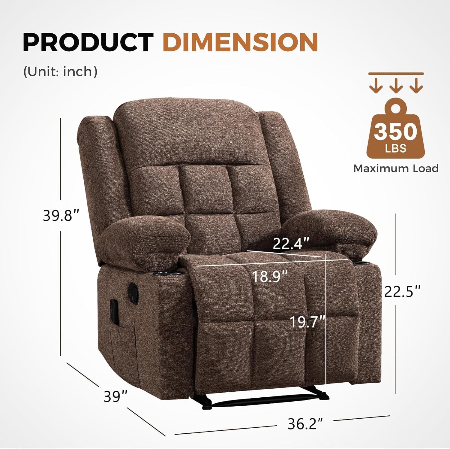 HAOMARKETS Manual Recliners with Massage and Heat for Adults, Classic Breathable Fabric Recliner Chair with 2 Cup Holders & Side Pockets, Overstuffed Heavy Duty Reclining Sofa for Living Room,Brown