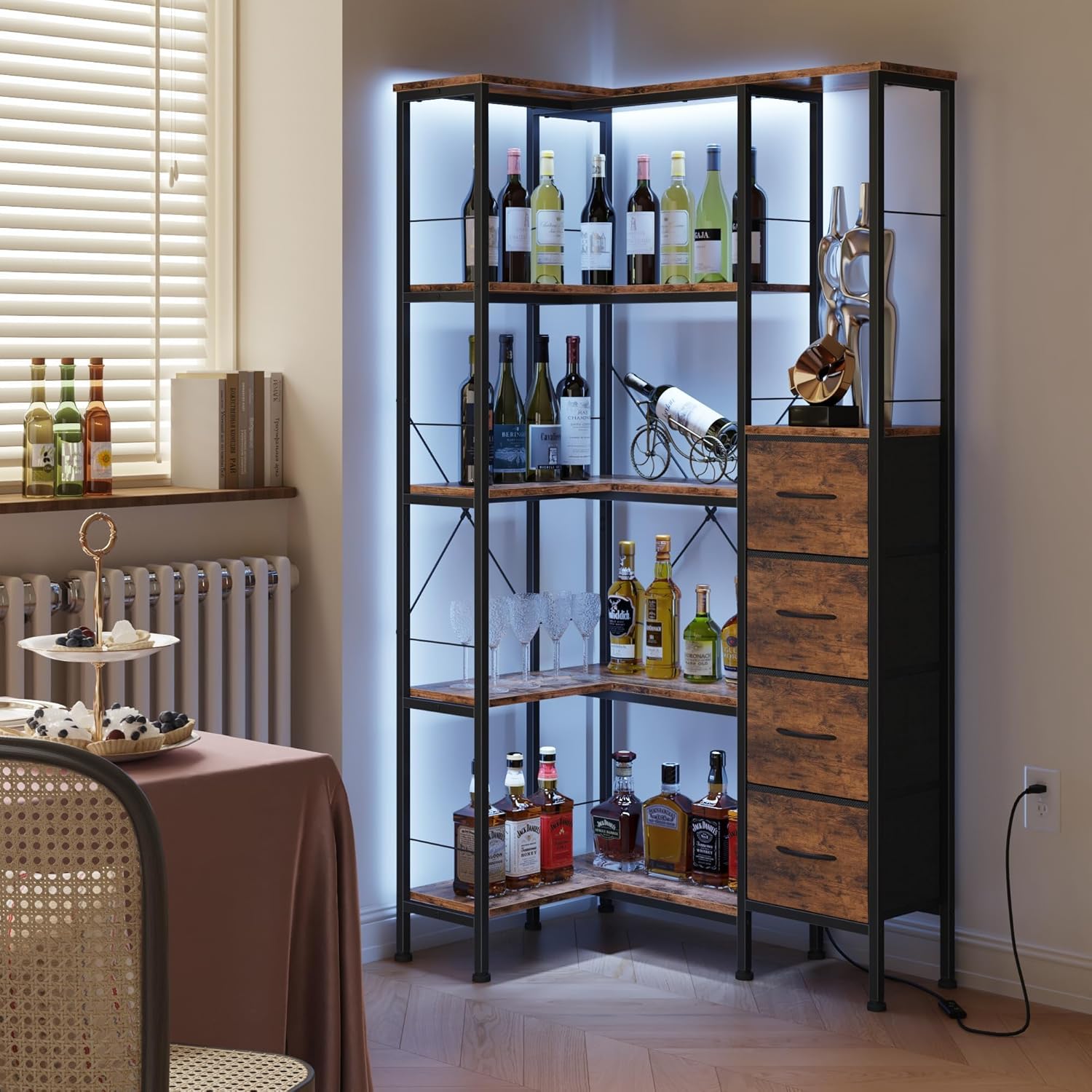 AFLUI 5-Tier Corner Bookshelf with LED Light Strips, 4 Fabric Drawers