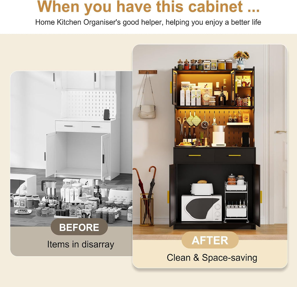 LED Kitchen Pantry Cabinet with Outlets, Farmhouse Storage Cabinet with Drawers & Adjustable Shelves, 64" Tall Cupboard with Pegboard & Hooks for Dining Room (Black)