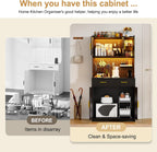 LED Kitchen Pantry Cabinet with Outlets, Farmhouse Storage Cabinet with Drawers & Adjustable Shelves, 64" Tall Cupboard with Pegboard & Hooks for Dining Room (Black)