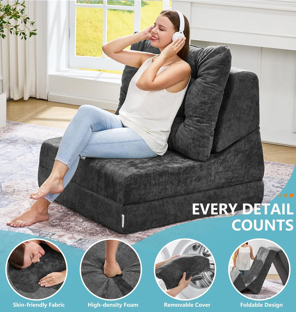 Hobestluk Sofa Couch Folding Sofa Bed Comfy Floor Lounger Convertible Sofa with Removable Cushion Couches for Small Spaces Foldable Mattress for Living Room Bedroom or Office (Chenille Grey, Large)