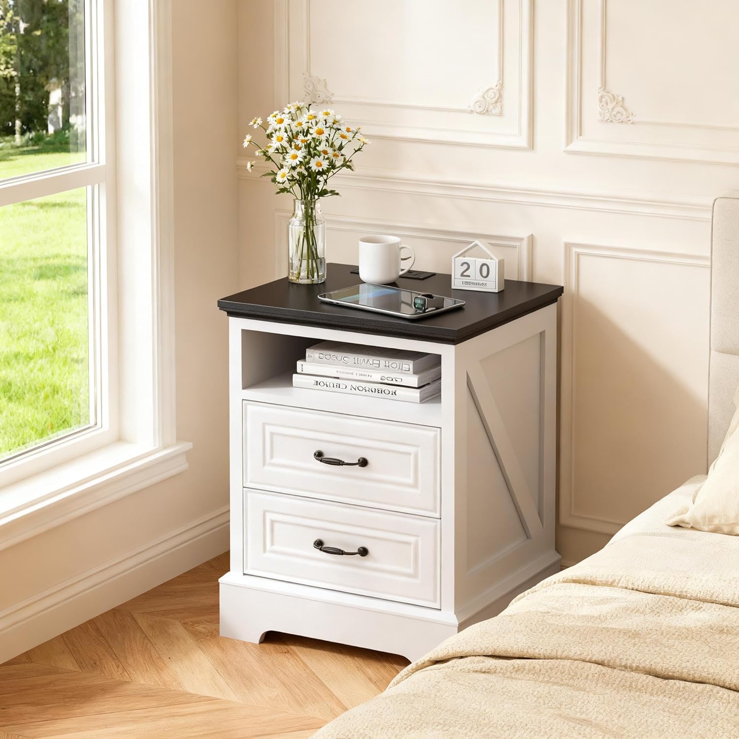 Eondon 18" Farmhouse Nightstand with Charging Station, 2 Drawers Bedside Table with Open Shelf, End Table with Storage Wood Rustic Bedside Cabinet Side Table for Living Room and Bedroom, White