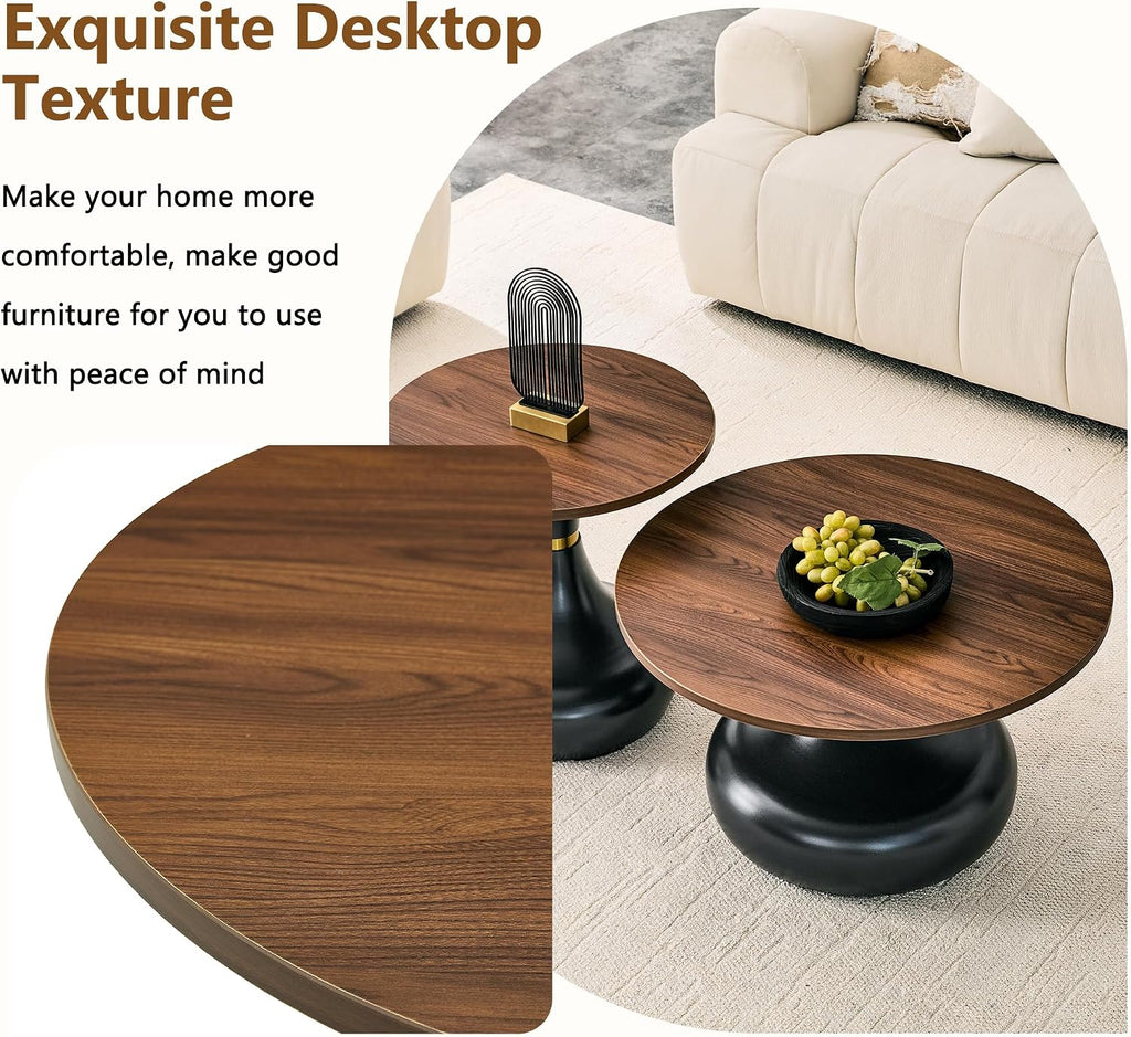 Nesting Coffee Table Set of 2, Modern Rustic Round Wood Center Table Set | French Luxury Circle Tea Table Set with Pedestal Base for Living Room, Apartment, Bedroom, Reception Room, Black and Walnut