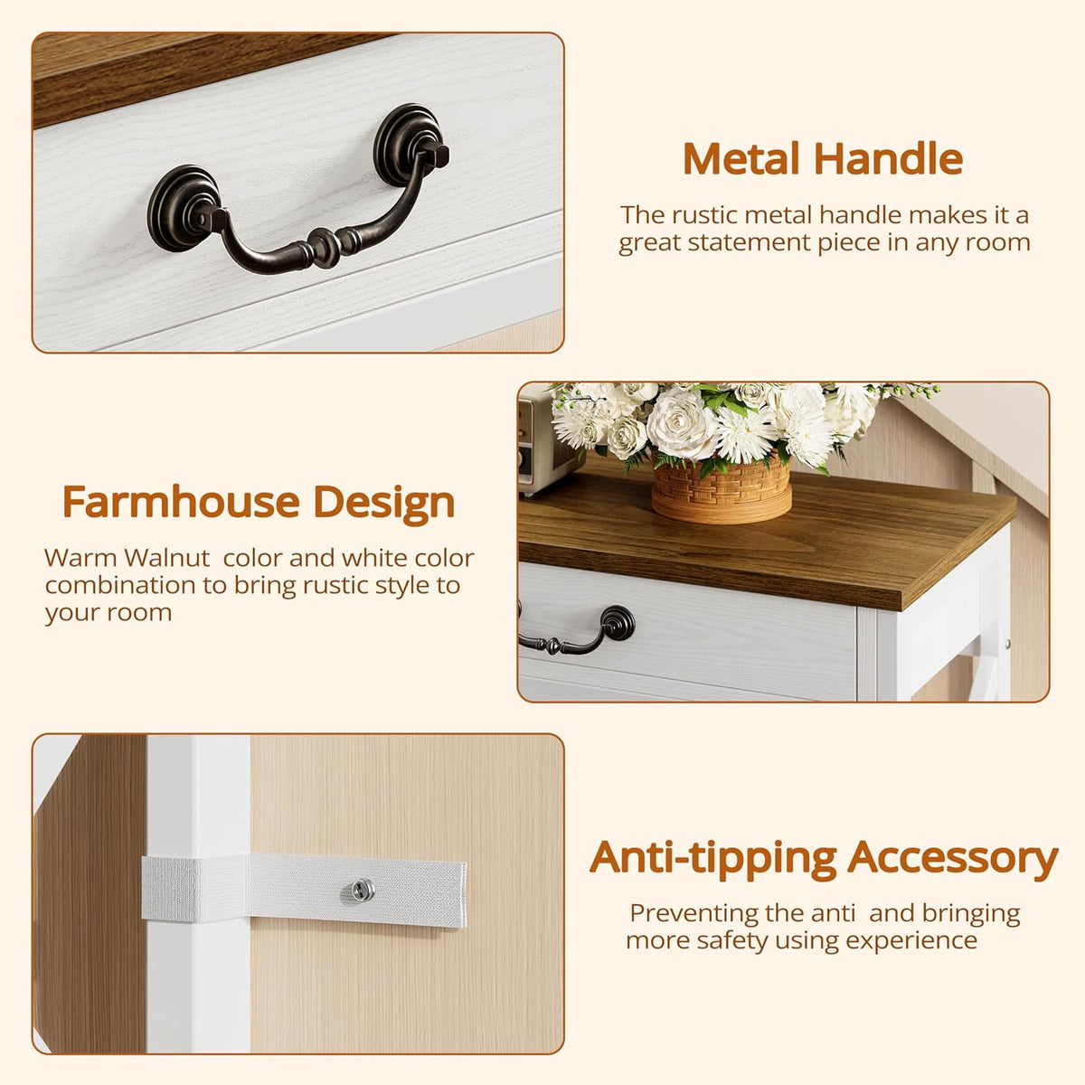 IRONCK 47.2" Farmhouse Console Table, Sofa Table with Drawer, Narrow Long Entry Table with 2 Shelf for Entryway, Living Room, Hallway, White/Walnut