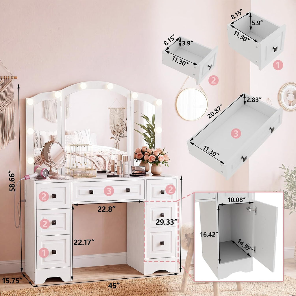 senlin Vintage Vanity with Lighted Mirror & Outlet (White) | Retro dressing table with 5 drawers and glass top. Third-fold lighted mirror for bedroom. Power outlet suitable for women.