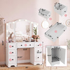senlin Vintage Vanity with Lighted Mirror & Outlet (White) | Retro dressing table with 5 drawers and glass top. Third-fold lighted mirror for bedroom. Power outlet suitable for women.