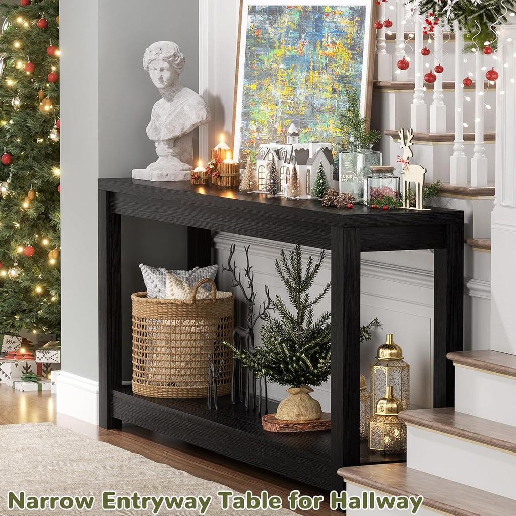 Besiost 47" Farmhouse Wood Entryway Table Narrow Console Table with Storage Behind Couch Sofa Table with Shelves for Entry Way with Open Storage, Easy Assembly, Embossed Wood Grain Black