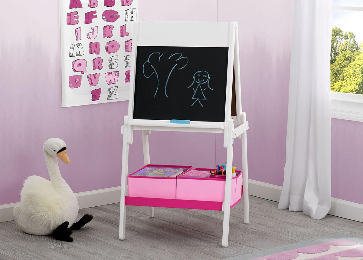 Delta Children MySize Kids Wood Table and Chair Set with 2 Chairs, Deep Blue and Double-Sided Storage Easel, Bianca White