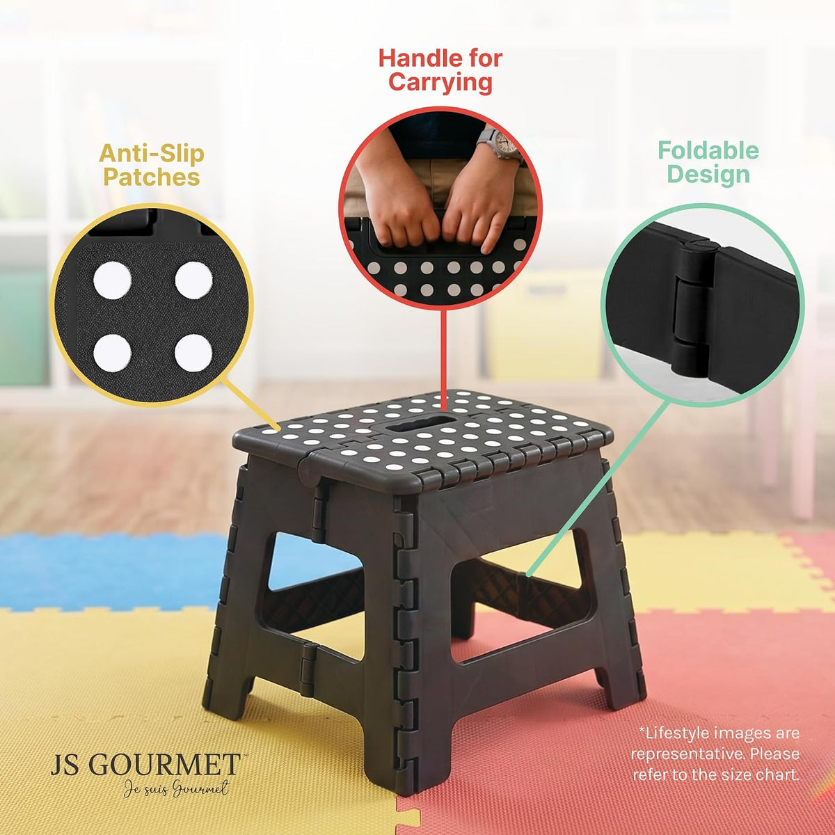 JS Gourmet Folding Step Stool - Set of 2, Sturdy Plastic Stool 9-inch | Lightweight Non Slip, Holds Up to 300 lbs, Collapsible Stool for Kitchen, Bathroom, Garden, & Camping Use - White