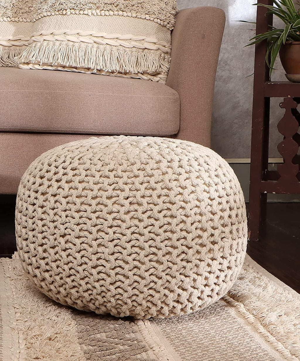 · REDEARTH · Round Pouf Ottoman - Hand Knitted Boho Poof Footrest - Ivory