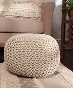 · REDEARTH · Round Pouf Ottoman - Hand Knitted Boho Poof Footrest - Ivory