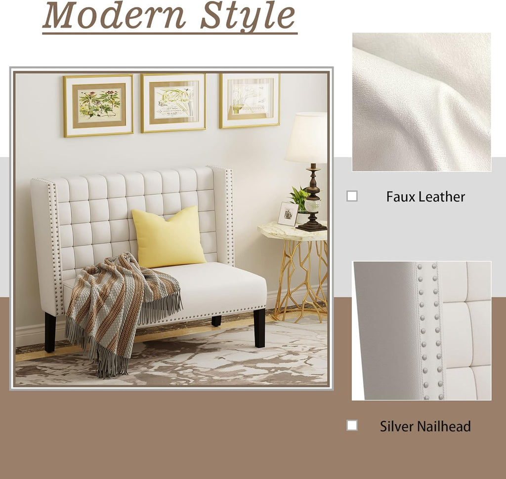 Andeworld Modern Loveseat Settee Bench Sofa Couch, Upholstered Banquette Dining Bench with Back for Dining Living Room Hallway or Entryway Seating,White