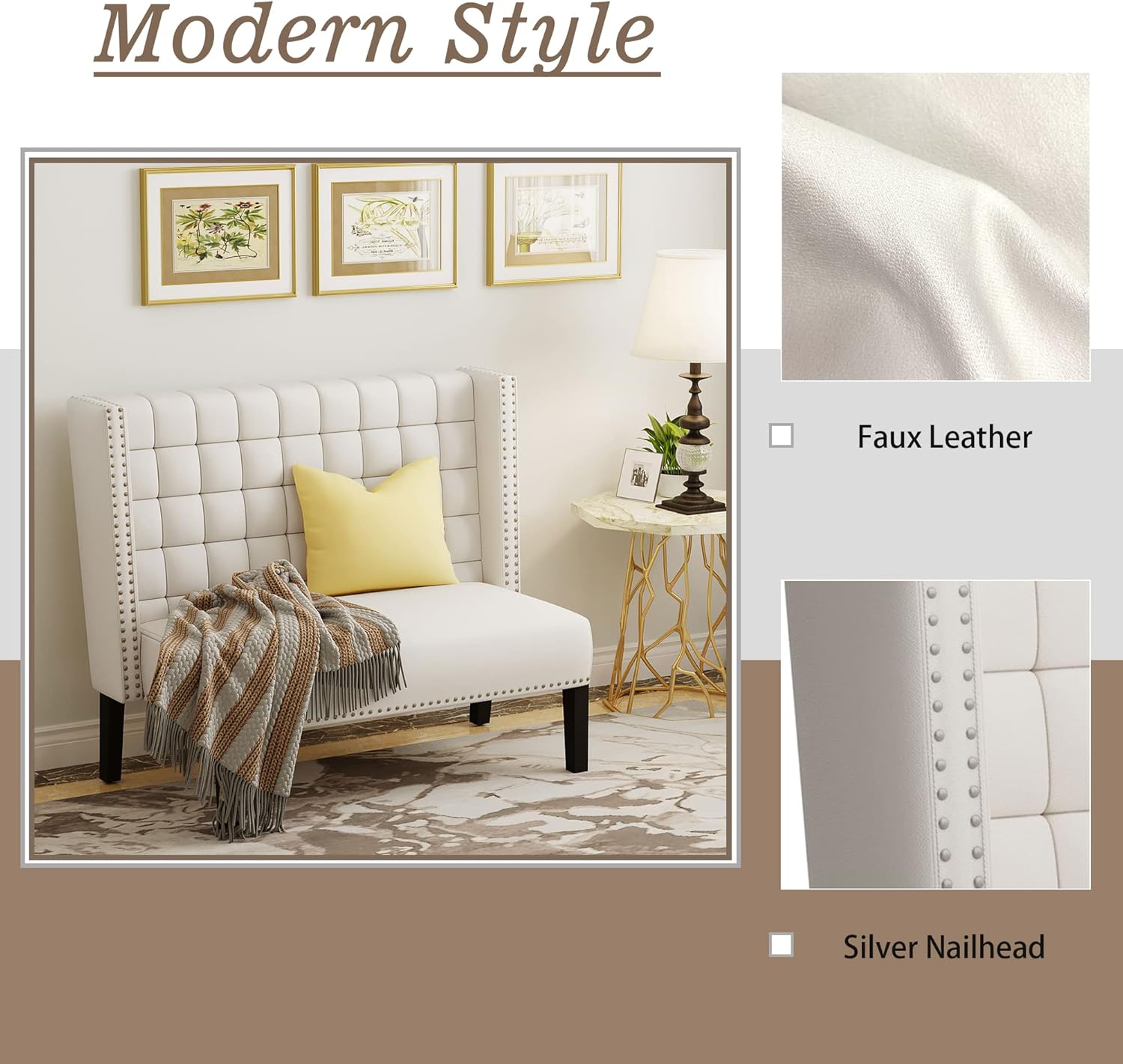 Andeworld Modern Loveseat Settee Bench Sofa Couch, Upholstered Banquette Dining Bench with Back for Dining Living Room Hallway or Entryway Seating,White