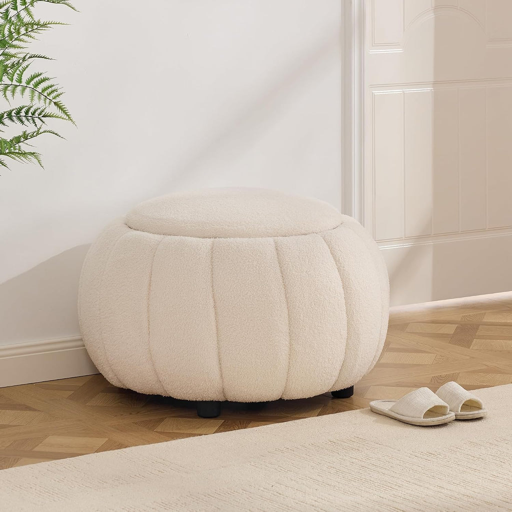 30 Inch Round Storage Ottoman Coffee Table for Living Room, Bedroom | Teddy Fabric , Anti-Slip Lid, ottoman foot rest, Pumpkin Shape