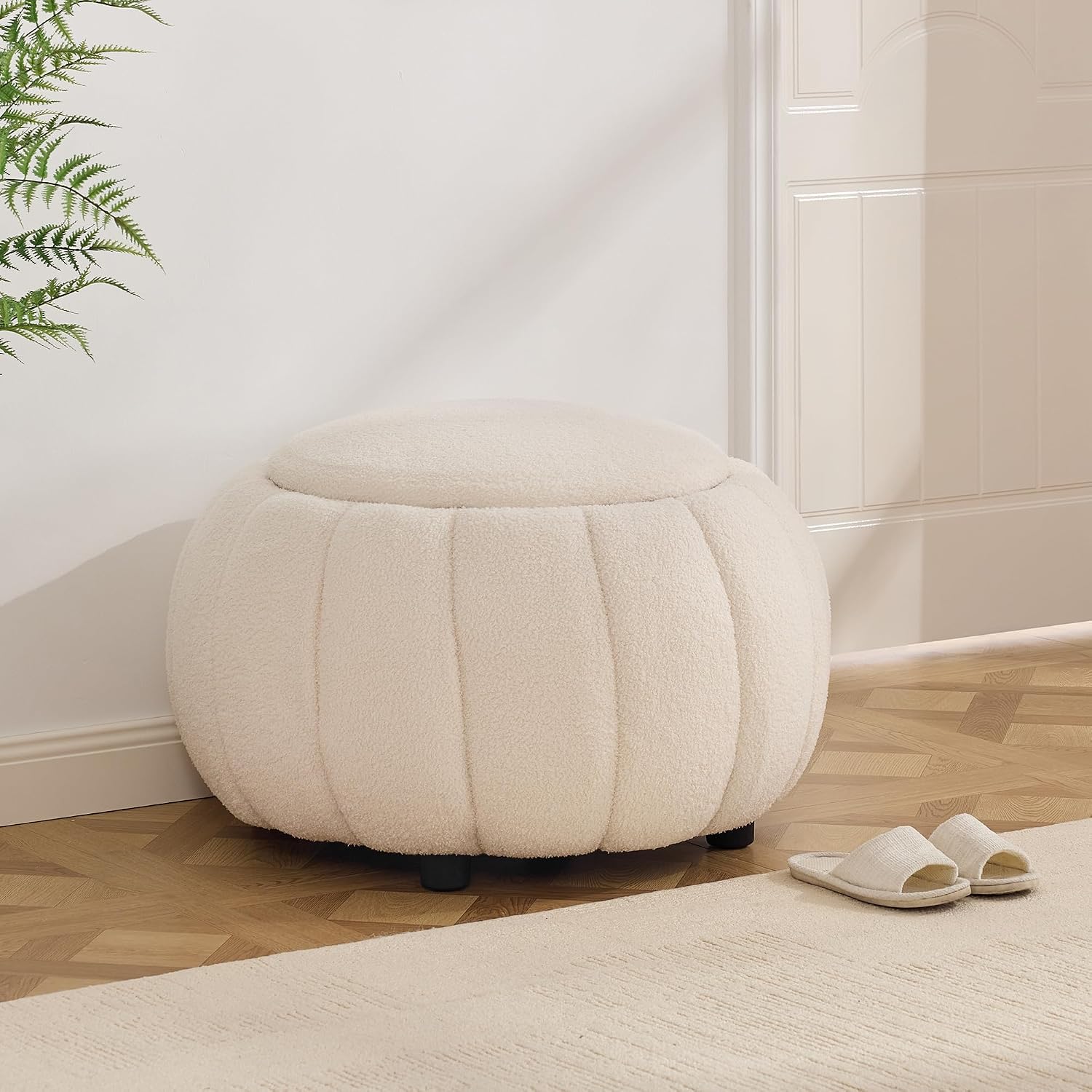 30 Inch Round Storage Ottoman Coffee Table for Living Room, Bedroom | Teddy Fabric , Anti-Slip Lid, ottoman foot rest, Pumpkin Shape