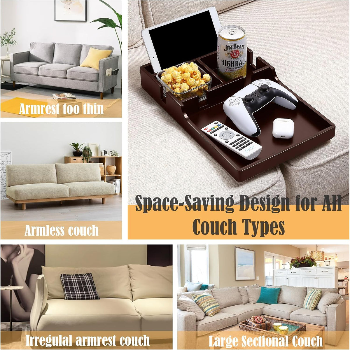 Nnewvante Couch Insert Tray, 2-in-1 Insert & Flat Sofa Organizer Bamboo with 4 Compartments,Fits Seat Gaps or Ottomans,for Snacks, Drinks, Remotes,15.35x9.84-inch,Brown