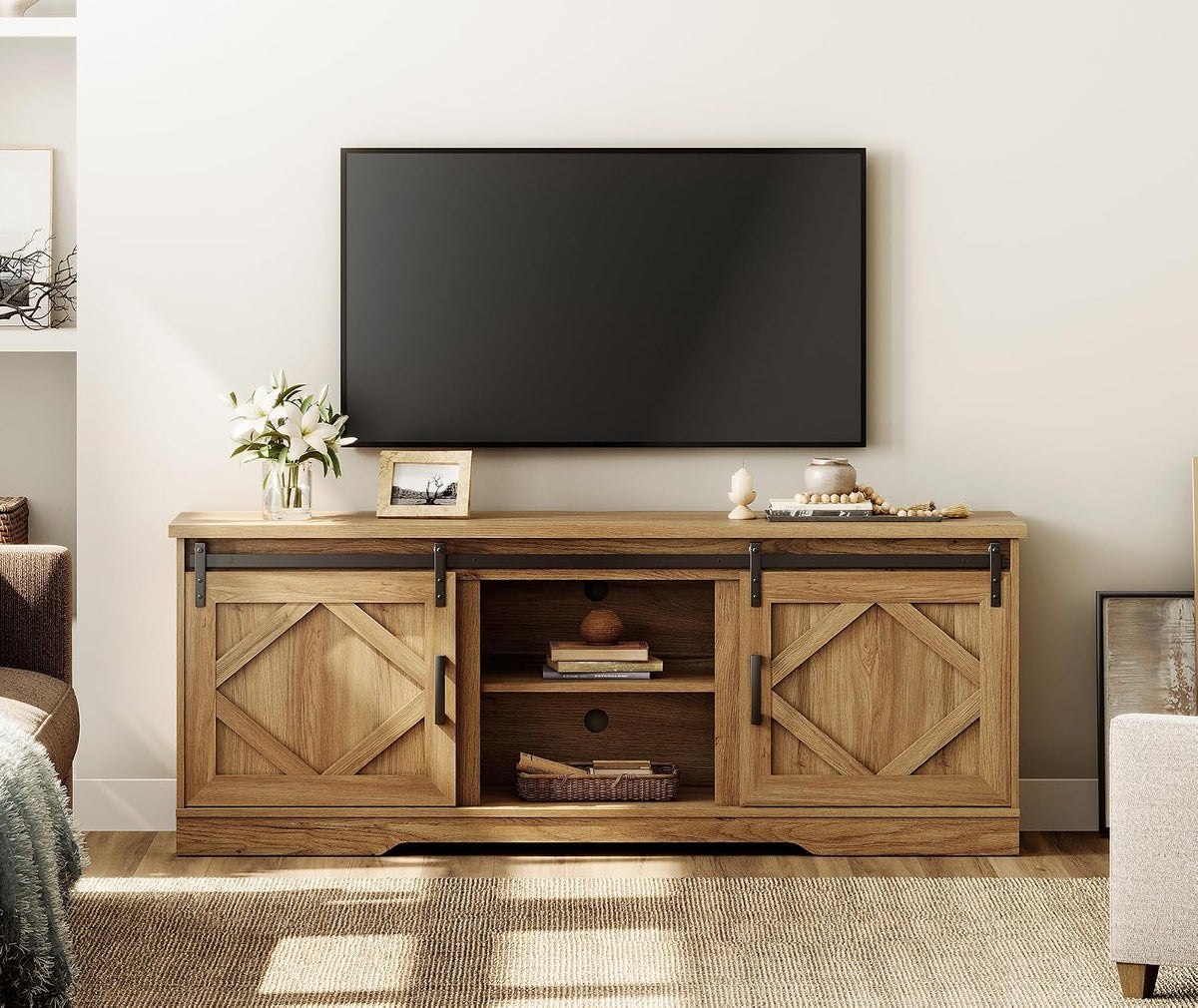 WAMPAT Farmhouse Style TV Stand for 60-75 inch TV w/Distressed Wood Finish | 66.1"L*15.4D"*25.6"H, TV Cabinet with Cable Management,Sliding Barn Door,Adjustable Media Shelf,Hidden Storage Space