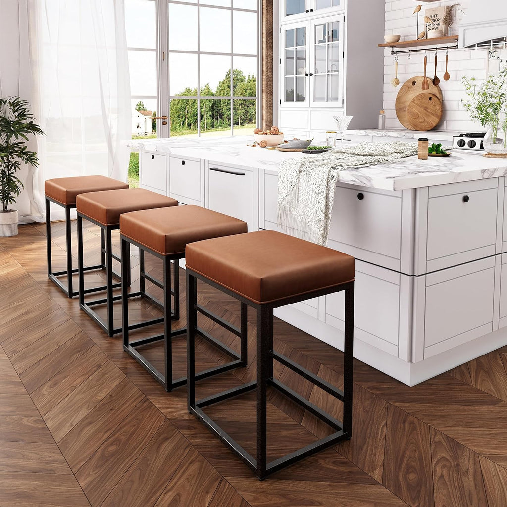 ALPHA HOME 24 Inch Counter Height Bar Stools Set of 3, Brown | Modern Barstools, Metal Bar Stool for Kitchen Island, Faux Leather Countertop Stools