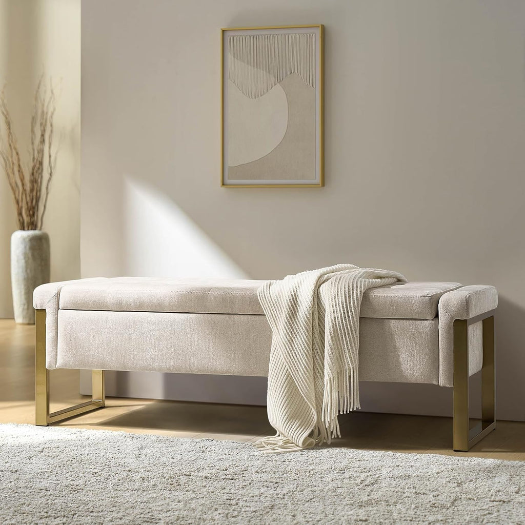 Modern Storage Ottoman Bench with Gold Metal Legs Upholstered Footrest End-of-Bed Bench with Hidden Storage, Hallway and Entryway Beige
