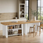LITTLE TREE 55 Inches Kitchen Island with Storage, 3-Tier Farmhouse Stationary Island Table with Large Worktop & Leg Room, Modern Coffee Bar Table with Storage Shelf for Kitchen, Oak & White