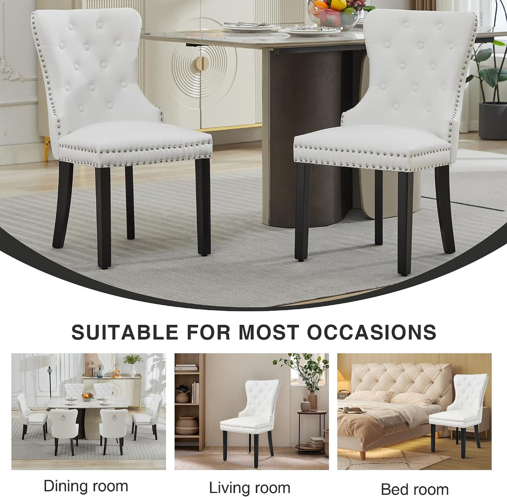 PU Leather Dining Chairs Set of 4, Upholstered Dining Room Chairs with Solid Wood Legs & Back Ring Pull Trim Ring, Modern Dining Chairs Perfect for Dining Room,Living Room,Kitchen, White