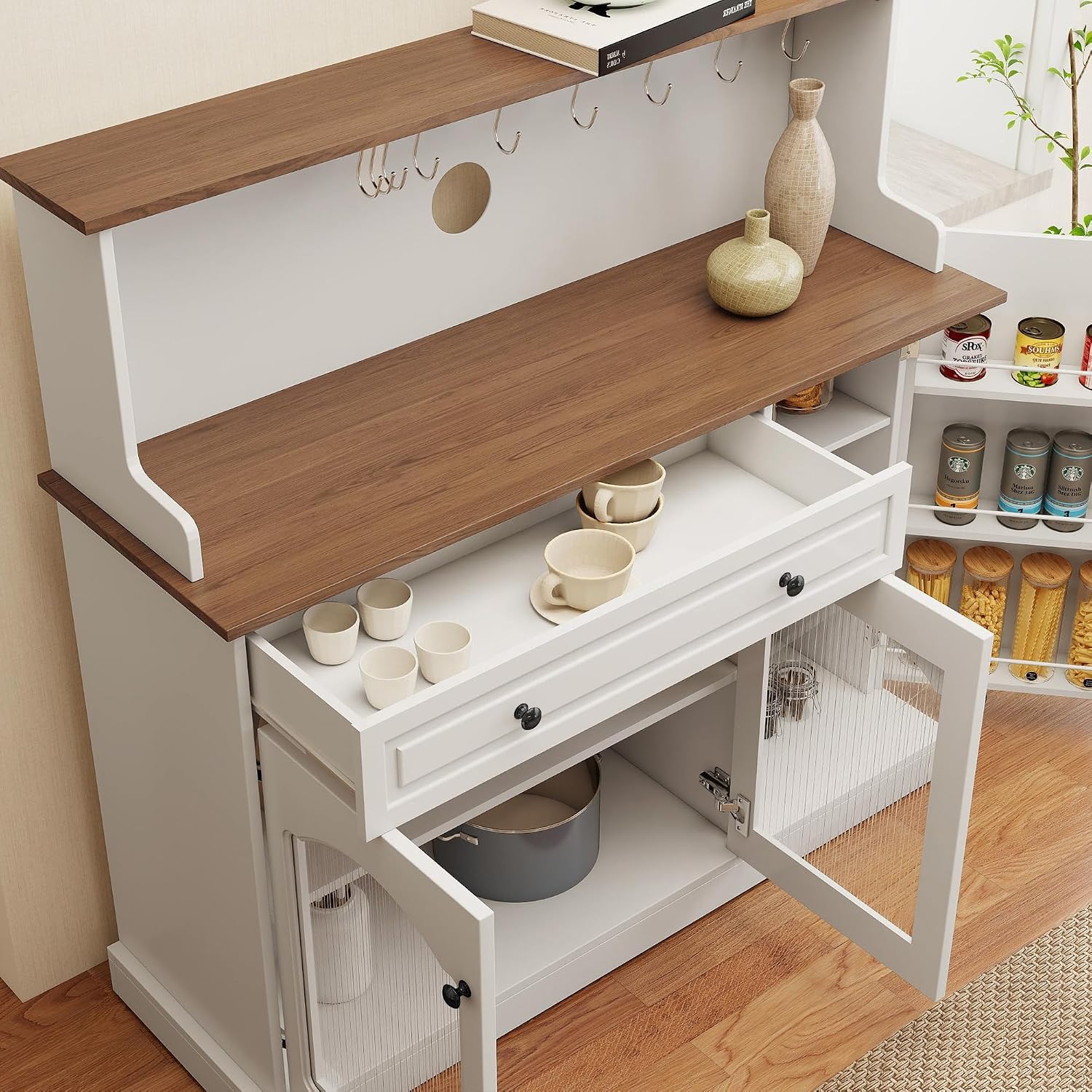 Kitchen Pantry Cabinet with Drawer Storage, 48” Modern Farmhosue Kitchen Hutch with Glass Doors, White Storage Cabinet with Countertop and Adjustable Shelves for Dining Room, Living Room