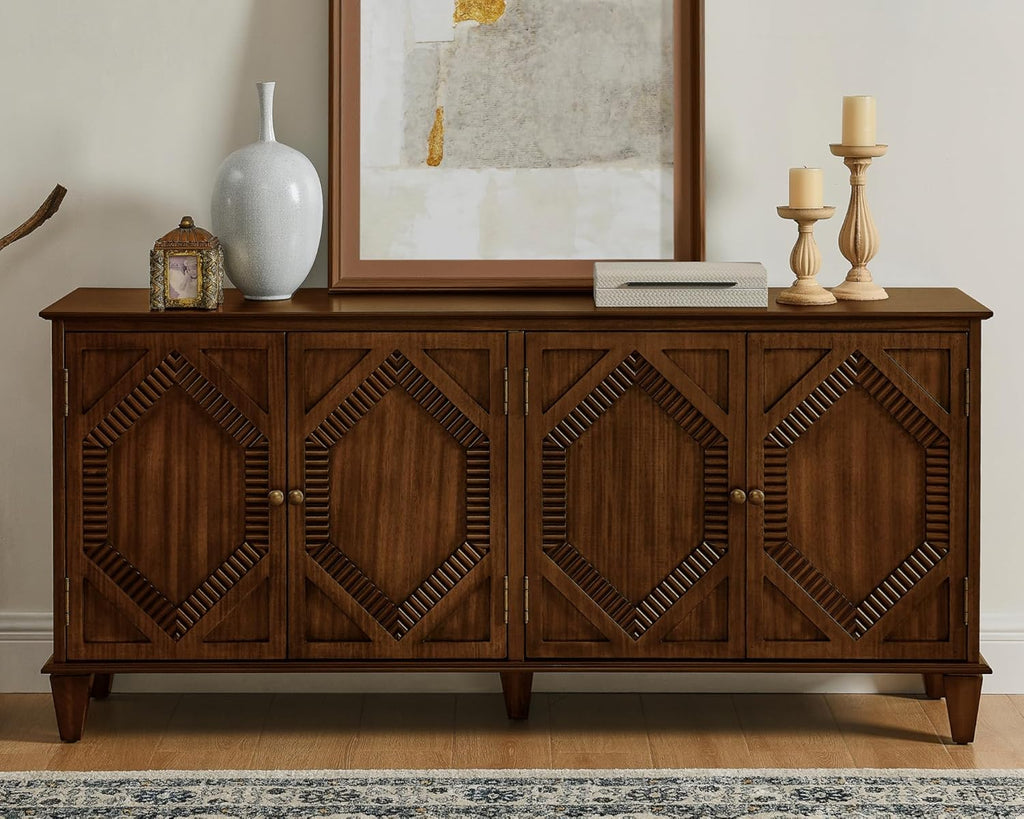 LKTART 65" Mid Century Sideboard Buffet Cabinet with Solid Wood Legs,Accent Storage Cabinet Credenza with 4 Doors for Living Room,Entryway,Kitchen(Walnut)
