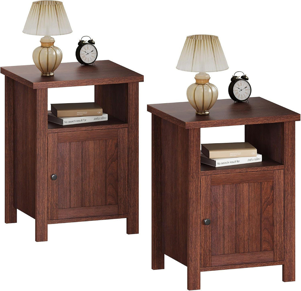 ChooChoo Farmhouse Nightstands Set of 2, Rustic Vintage End Side Table with Storage and Open Shelf, Small Bedside Tables for Bedroom, Walnut