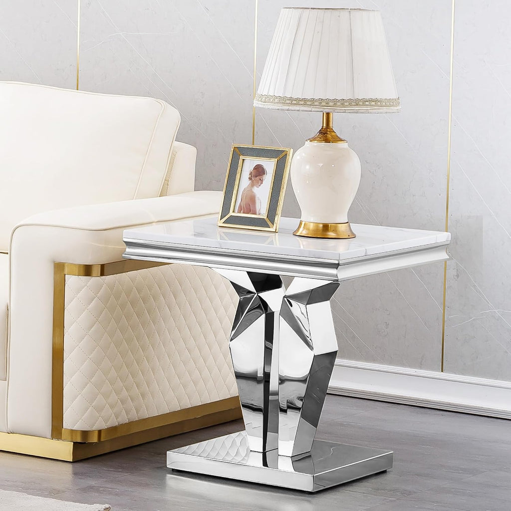 Modern Marble End Table, Sqaure Sofa Side Table with Silver Mirrored Stainless Steel Base Luxury White Faux Marble Accent End Table Bedside Table Nightstand for Living Room Bedroom