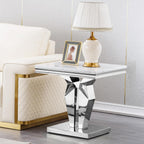 Modern Marble End Table, Sqaure Sofa Side Table with Silver Mirrored Stainless Steel Base Luxury White Faux Marble Accent End Table Bedside Table Nightstand for Living Room Bedroom