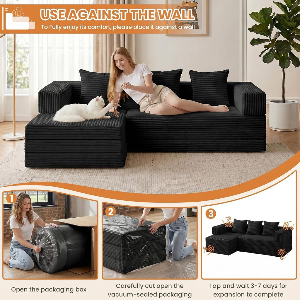 79" Modular Sectional Sofa, Convertible Sleeper Sofa Bed, Modern Tri-Folding Cloud Couch with L-Shape Chaise, Corduroy Futon for Living Room Small Spaces Apartment, No Assembly