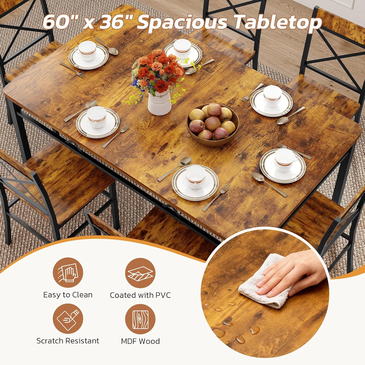 Zevemomo 7-Piece Dining Table Set, Kitchen Table Chairs Set of 6, Brown | Dining Room Sets for 6, Farmhouse Dining Table Set with 6 X-Shaped Curved Backrest Chairs, For Kitchen & Living Room