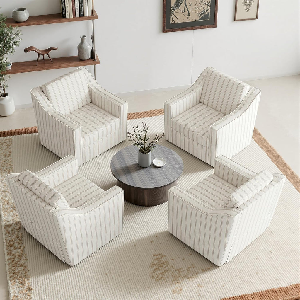 Swivel Accent Chair Set of 2, Fabric Upholstered Arm Chair for Living Room, Modern Club Armchair Comfy Single Sofa Bedroom Reading Seat with Lumbar Pillow - Pinstripe Light Brown