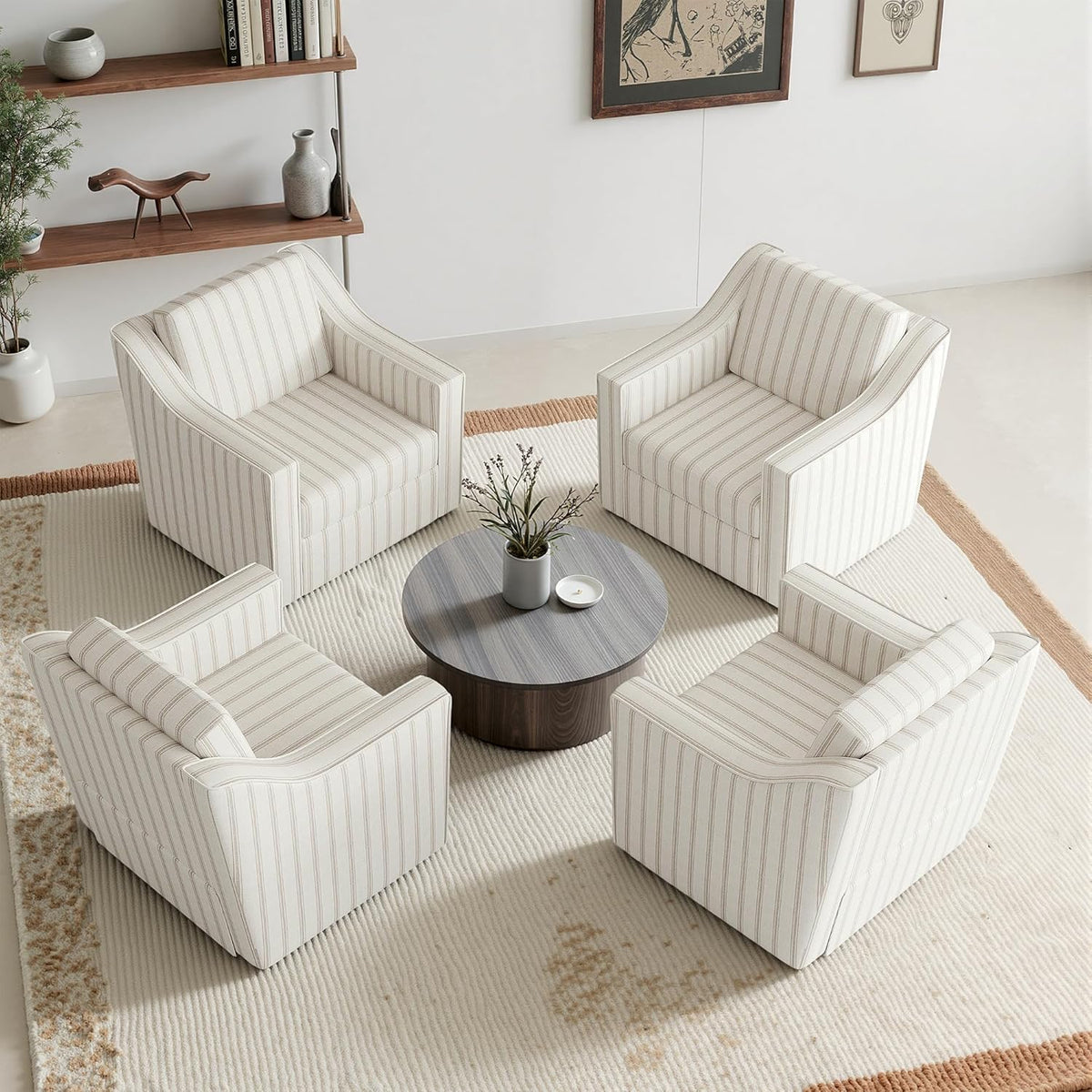 Swivel Accent Chair Set of 2, Fabric Upholstered Arm Chair for Living Room, Modern Club Armchair Comfy Single Sofa Bedroom Reading Seat with Lumbar Pillow - Pinstripe Light Brown