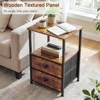 LOAKEKEL Night Stand, Nightstands Set of 2 with Charging Station | Bedside Table with 2 Fabric Drawers for Bedroom, End Tables with Storage Shelf for Small Spaces, Rustic Brown