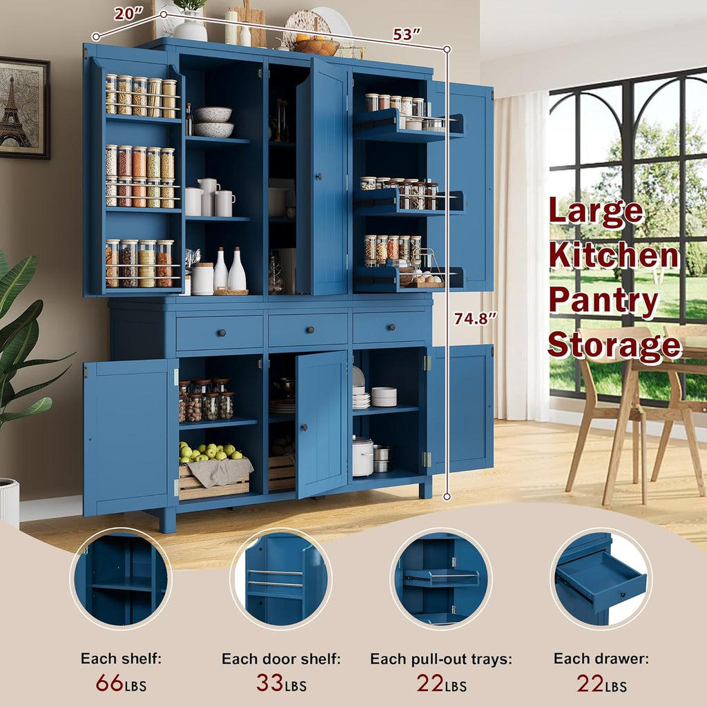 Merax 74.8'' Tall Kitchen Pantry Storage Cabinet with 6 Doors, 3 Drawers and Adjustable Shelves, Freestanding Large Cupboard & Pull-Out Trays for Kitchen, Dining Room, Living Room, Blue